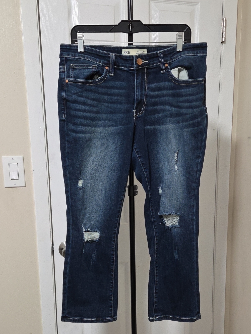 BKE Women's Distressed Dark Blue Boyfriend Jeans